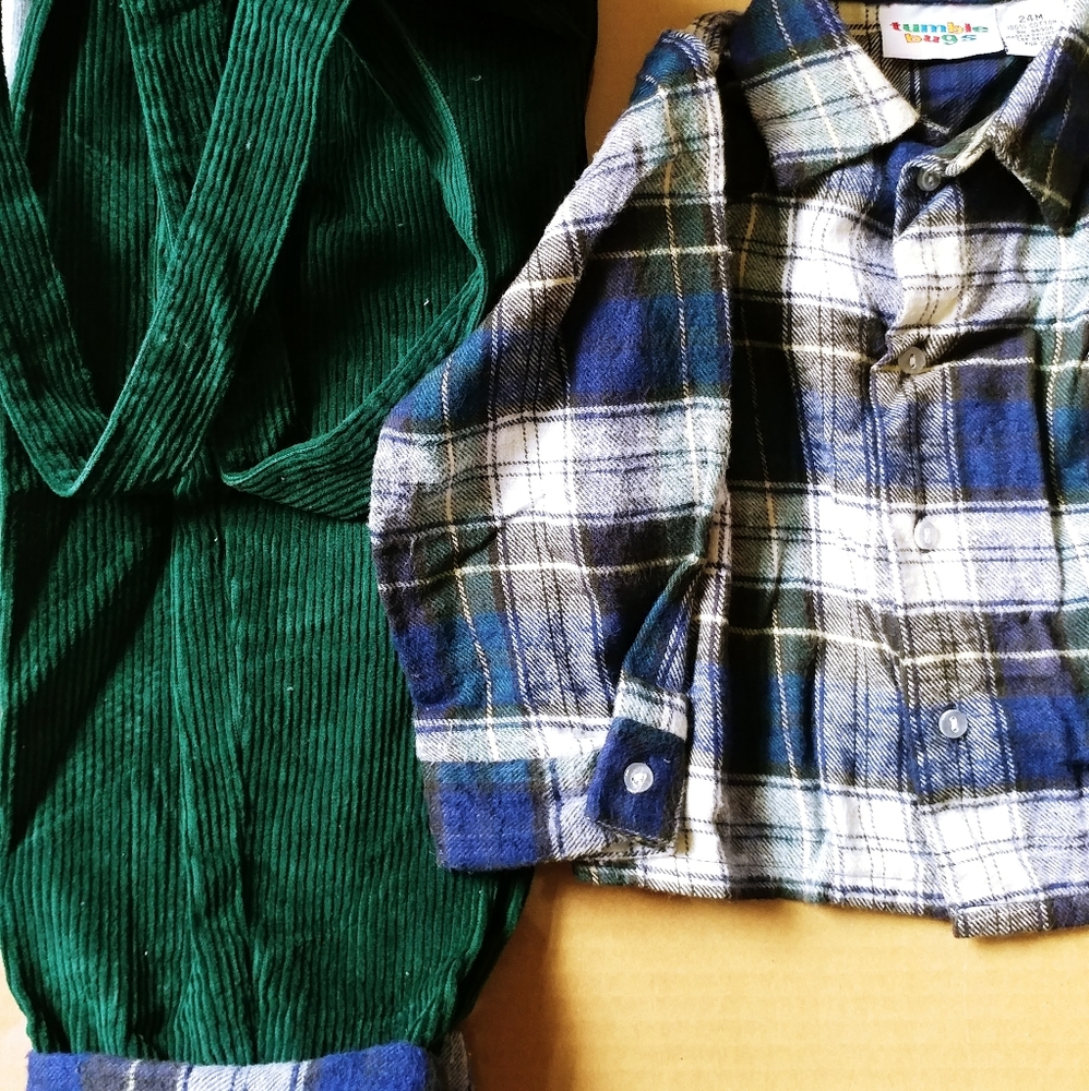 Corduroy Overall and Plaid Shirt Set